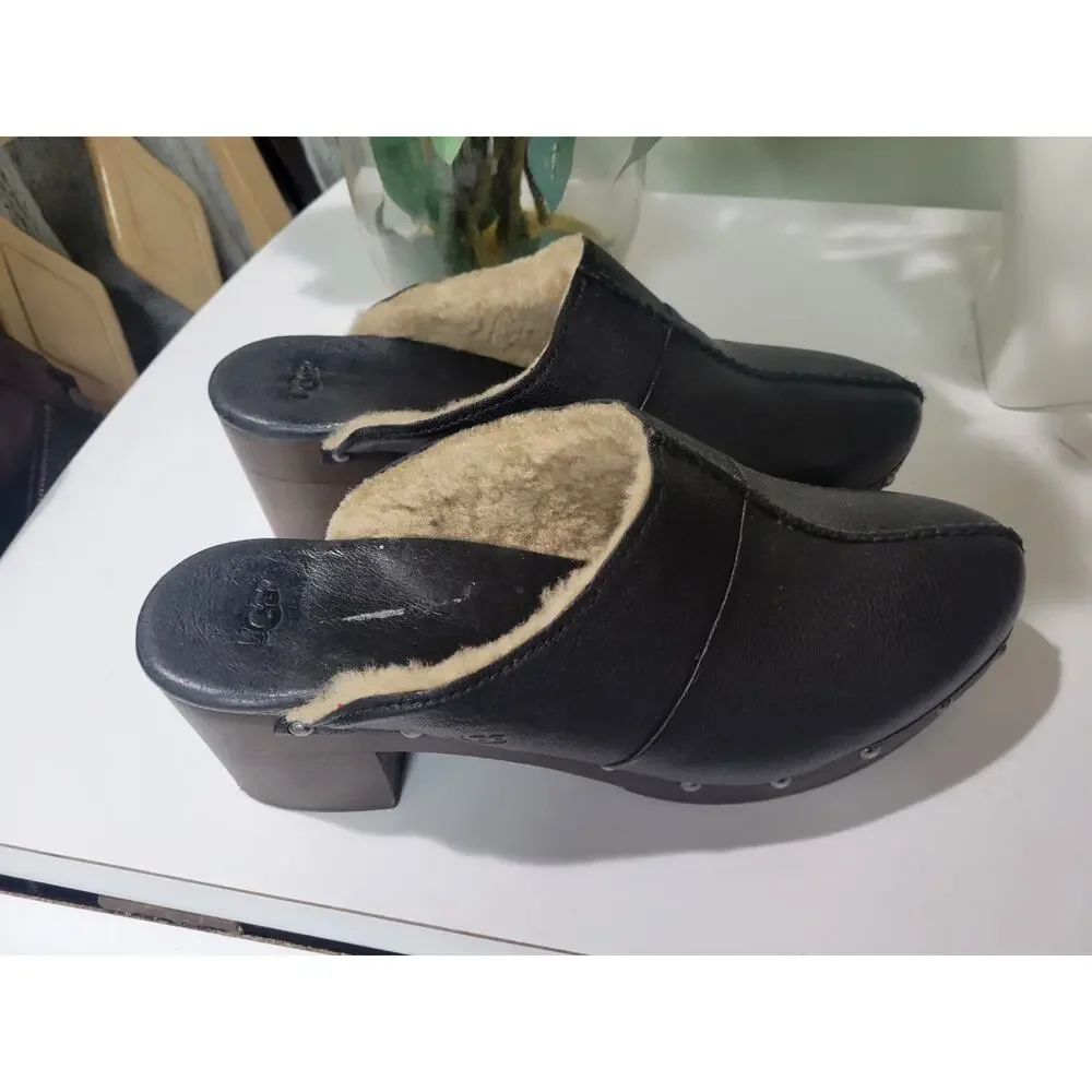 UGG SHEARLING LINED UGG Kassi Clogs Leather Shearling 9 40 Heeled shoes - Picture 3 of 10